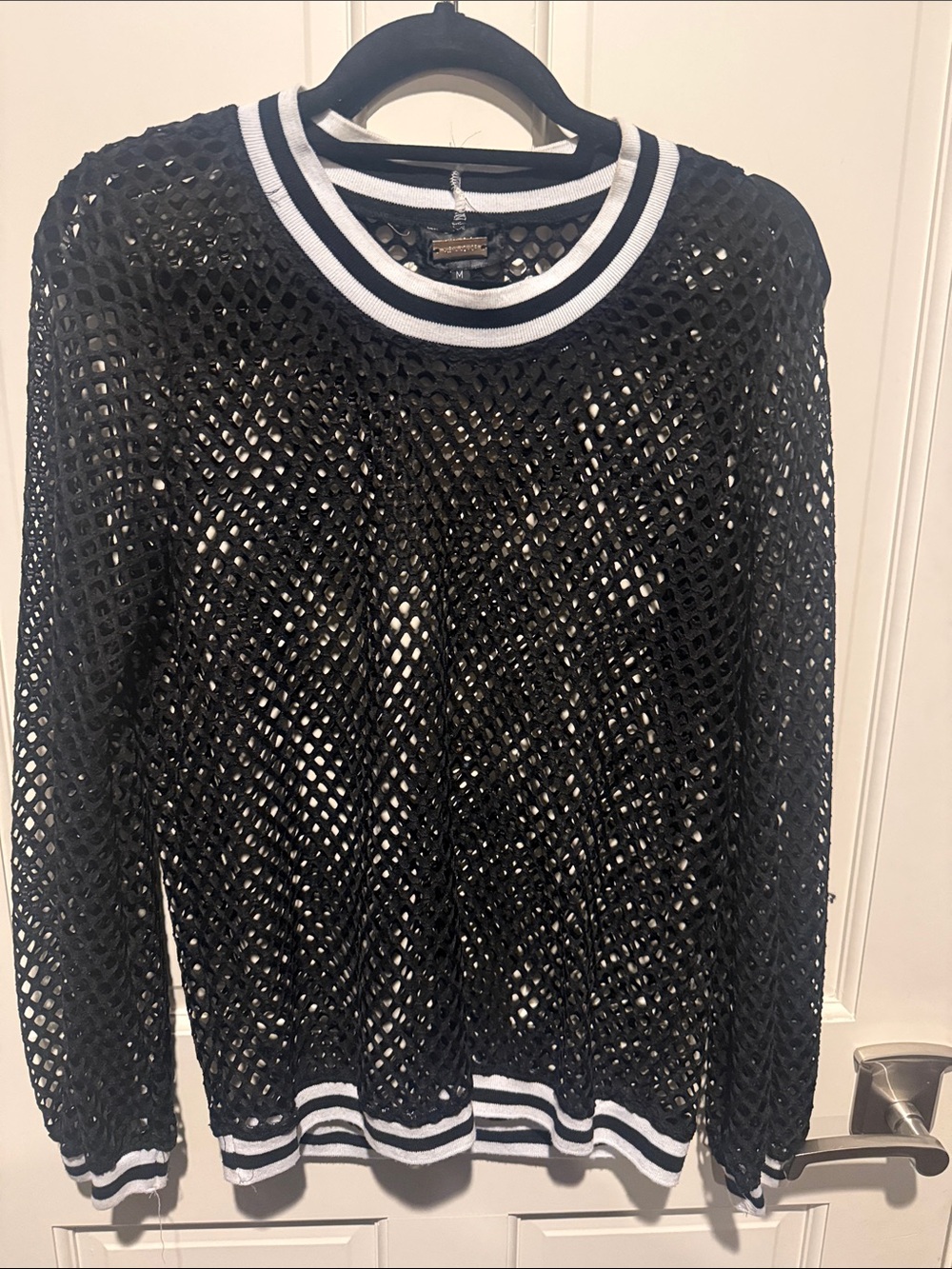 Alexia Admor Black Open-Knit Crew Sweater with White Stripe Trim